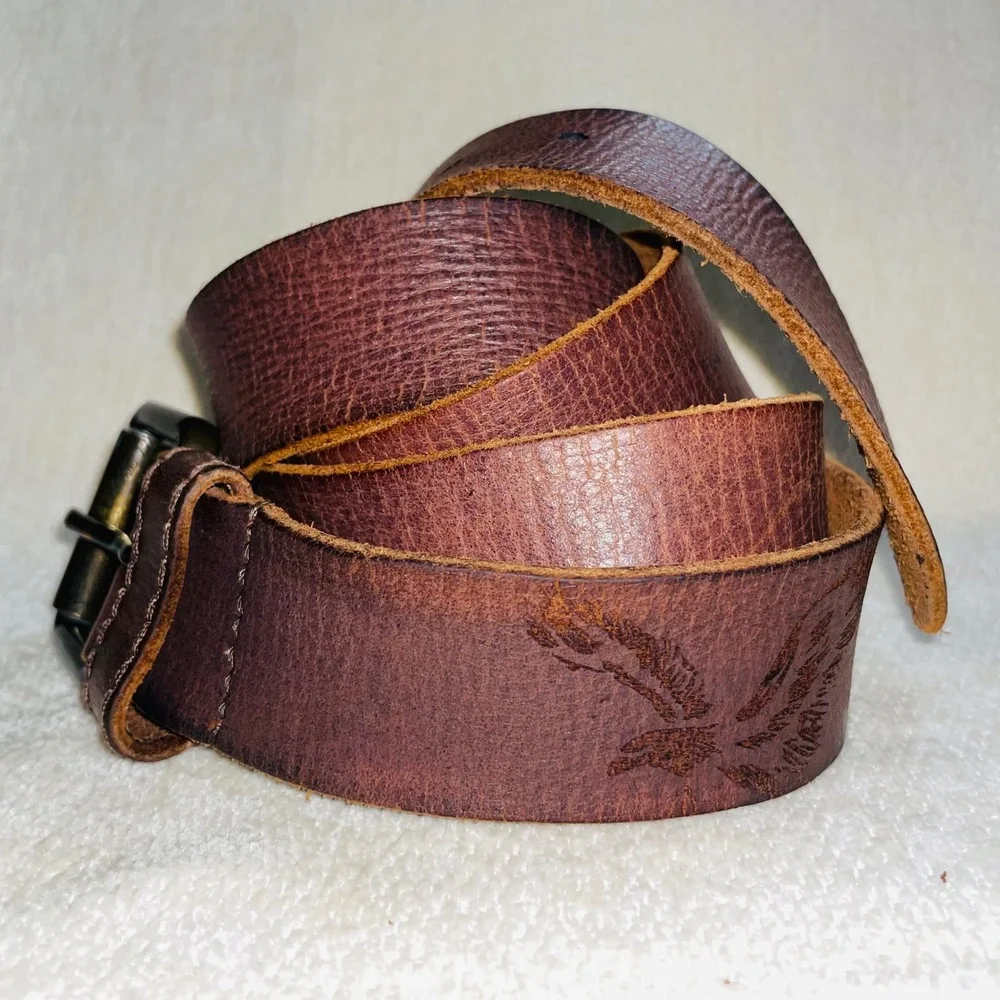American Eagle Outfitters Mens XXL Brown Distressed Leather Belt Eagle 1.5